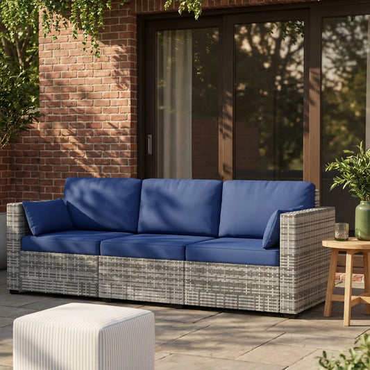 3-Seater Outdoor Sofa with Cushions, PE Rattan, Dark Blue Patio Furniture Sets Dark Blue, Grey at Gallery Canada