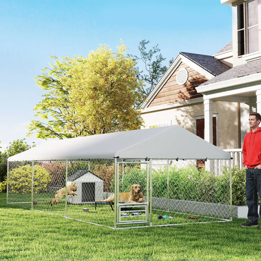 Outdoor Dog Run, Adjustable Rotating Bowls, Waterproof Cover, 19.7' x 7.5' x 5.2' Houses, Kennels & Pens Silver at Gallery Canada