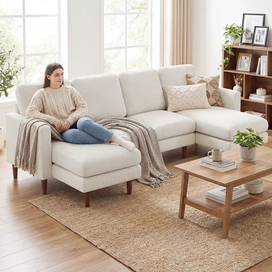 U Shaped Sectional Sofa, Corduroy, Double Chaise, Spring Cushions, 2200lb, Beige 3-Seater Sofas Beige at Gallery Canada