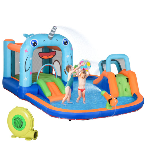 5-in-1 Inflatable Water Slide, Narwhals Style Kids Castle Bounce House Includes with Slide Trampoline Pool Water Gun Climbing Wall, Carry Bag, 450W Air Blower
