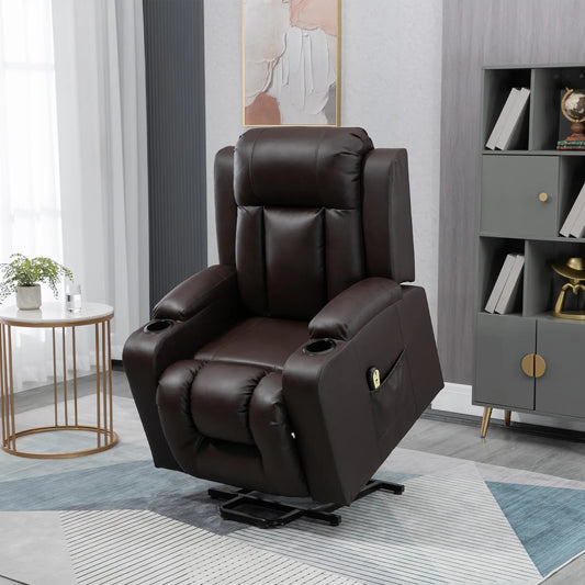 Electric Power Lift Chair, PU Leather Recliner Sofa with Footrest, Remote Control and Cup Holders, Brown Electric Power Lift Chairs Brown at Gallery Canada