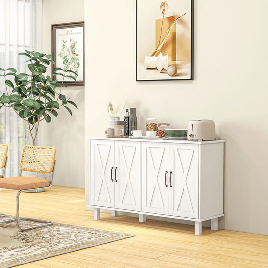 Kitchen Sideboard Cabinet, 4 Barn Doors, 2 Adjustable Shelves, White