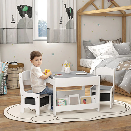 3 Piece Kids Table and Chair Set, Reversible Tabletop, Blackboard, Storage, Grey Kids Table Sets Grey, White at Gallery Canada