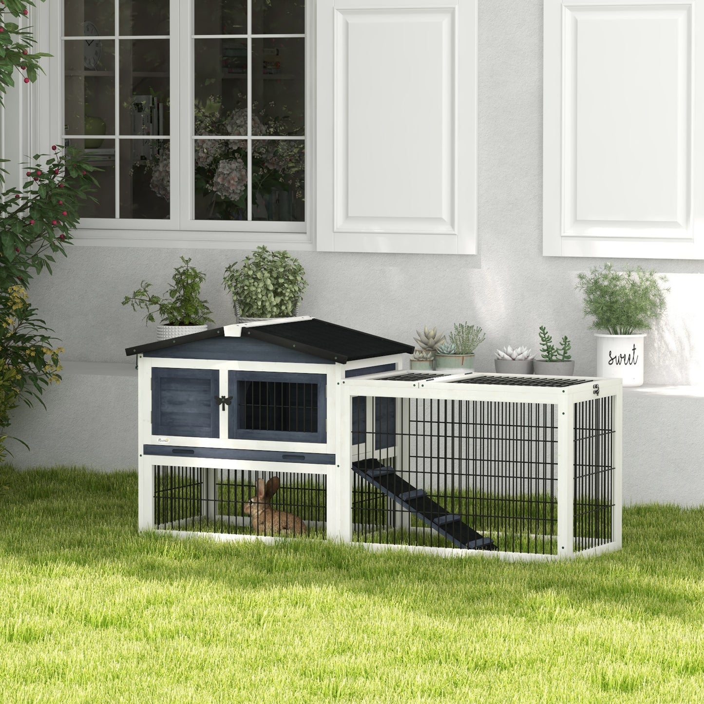 Wood Rabbit Hutch w/ Ramp, Openable Roof, Pull-out Tray, Dark Grey at Gallery Canada