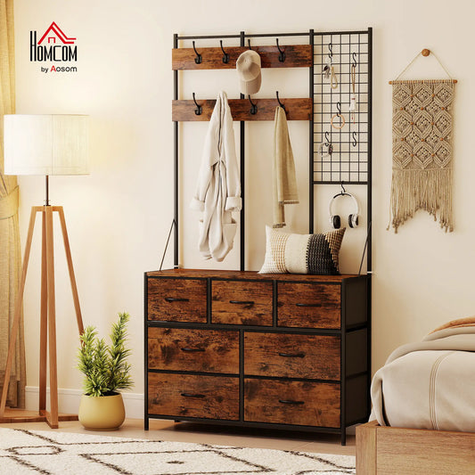 4-In-1 Coat Rack, 7 Drawer Fabric Dresser, Hall Tree 14 Hooks, Rustic Brown Clothing Storage Rustic Brown, Black at Gallery Canada