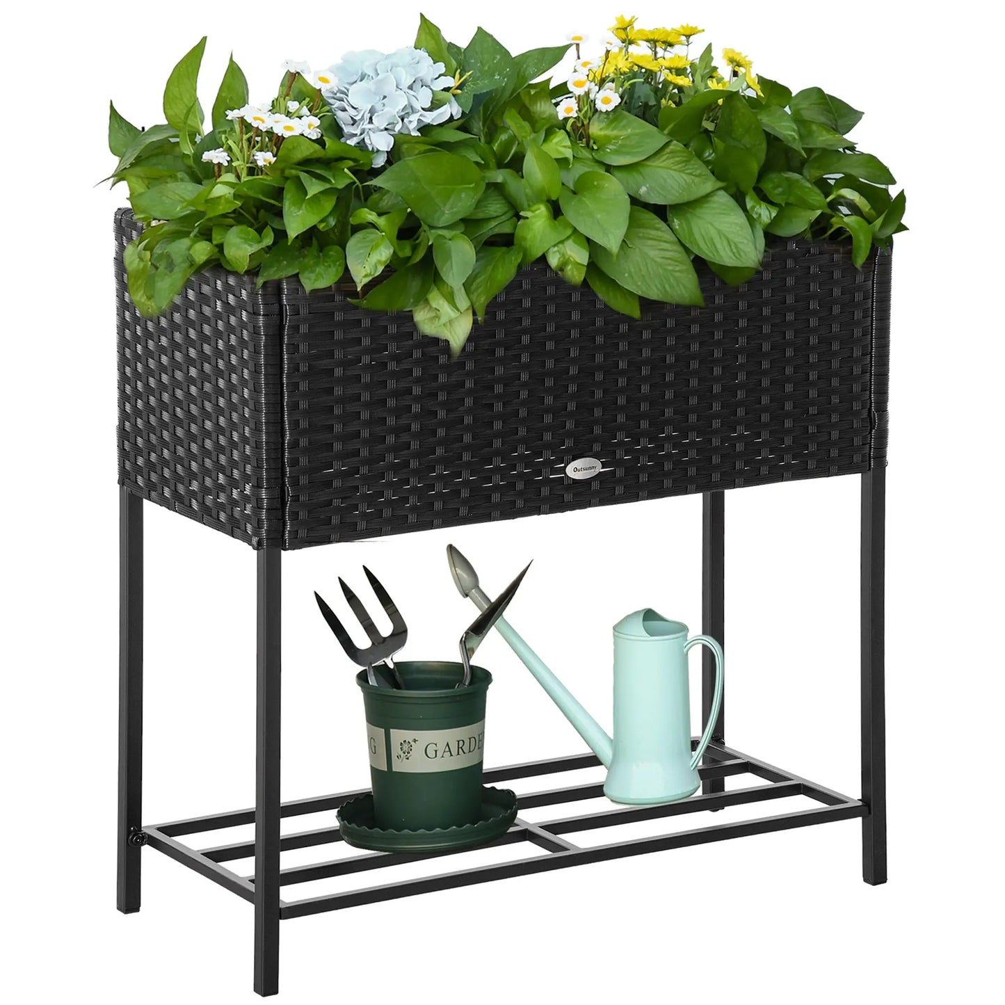 Rattan Raised Garden Box, Elevated Flower Bed with Storage, Black Plant Stands at Gallery Canada