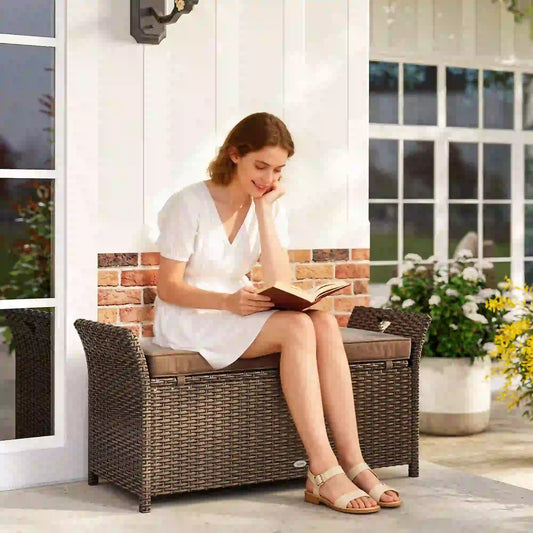 2-In-1 Outdoor Storage Bench, 29 Gallon Wicker Deck Box, Tan Patio Storage Boxes Brown Rattan, Tan Cushion at Gallery Canada