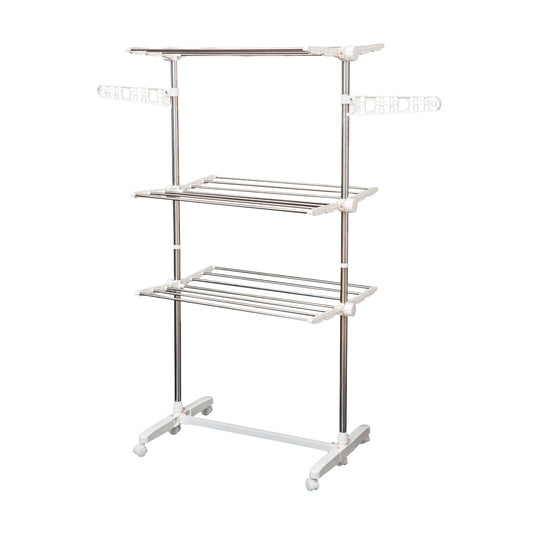 3-Tier Clothes Drying Rack, Stainless Steel Laundry Rack with 2 Side Wings and 6 Castors, Collapsible Adjustable Clothes Airer for Indoor Outdoor, White - Gallery Canada