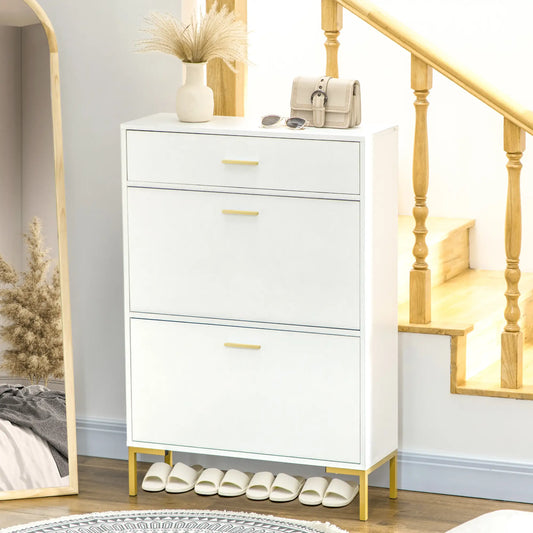 Modern Shoe Cabinet, 12 Pair Organizer, 2 Flip Doors, Adjustable Shelf, White Shoe Storage Cabinets & Racks White, Gold at Gallery Canada