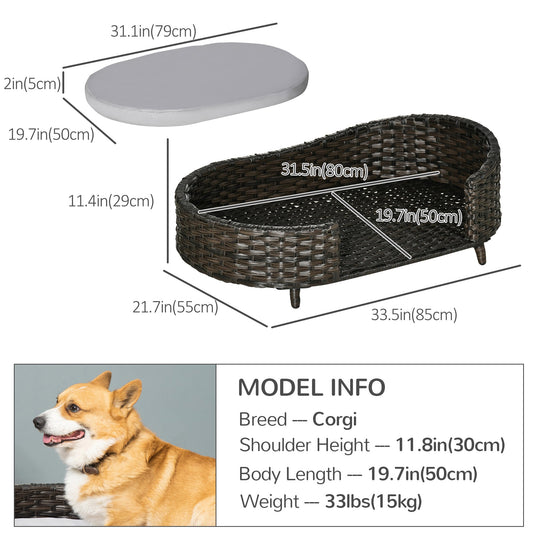 Rattan Pet Sofa Indoor &; Outdoor, Raised Wicker Dog Bed, Cat Couch, with Soft Cushion Washable Cover, for Small &; Medium Dogs, Charcoal Grey - Gallery Canada