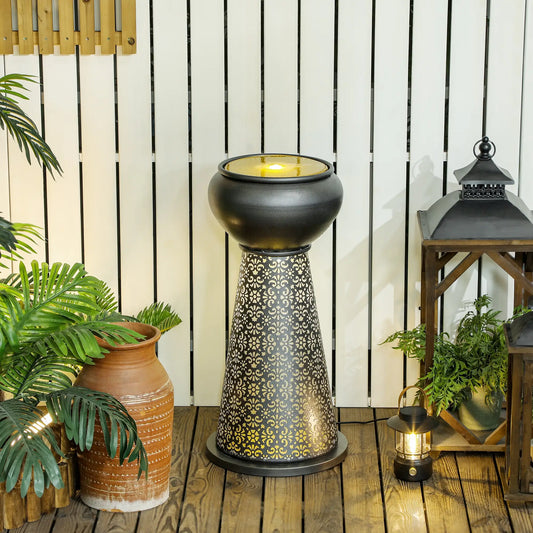 28" Tall Outdoor Water Fountain with LED Lights, Adjustable Flow, Dark Grey, Yellow