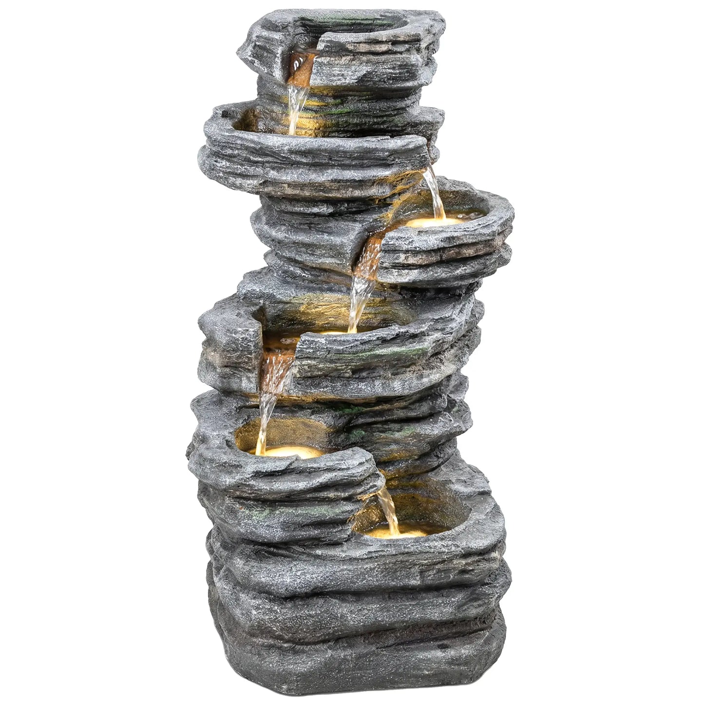 Outdoor 6-Tier Water Fountain, Waterfall With LED Lights, Resin Feature, Grey Water Fountains at Gallery Canada