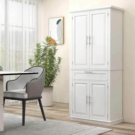 72" Kitchen Pantry Cabinet, 4-Door with Drawer, Adjustable Shelves, White Kitchen Pantry Cabinets White at Gallery Canada