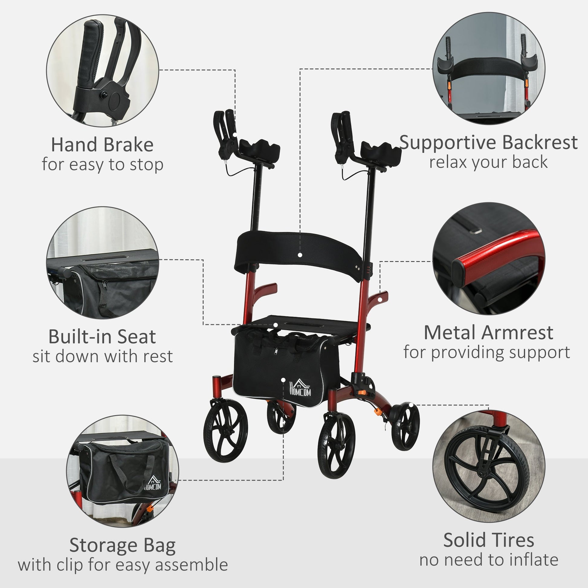 Aluminum Forearm Rollator Walker for Seniors and Adults with 10'' Wheels, Seat and Backrest, Folding Upright Walker with Adjustable Handle Height and Removable Storage Bag, Red at Gallery Canada