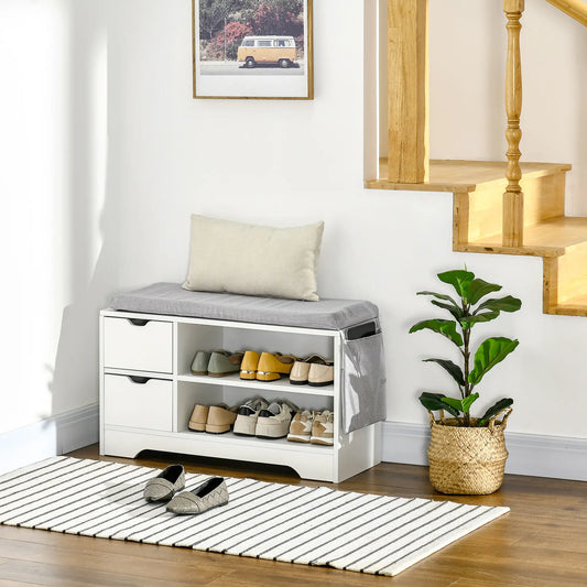 Upholstered Shoe Storage Bench With Seat, Drawer, Open Shelves, White Shoe Storage Cabinets & Racks White Panel, Grey Cushion at Gallery Canada