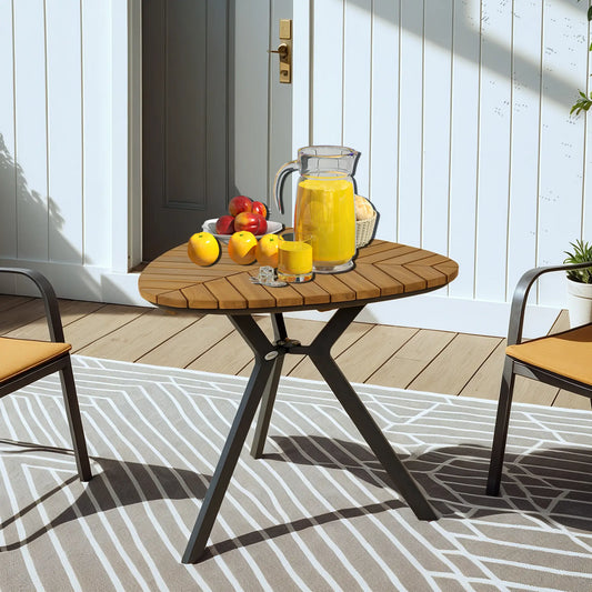 35.4" Outdoor Dining Table, Slatted Acacia Wood Top, Steel Legs Patio Dinning Tables Teak, Black at Gallery Canada