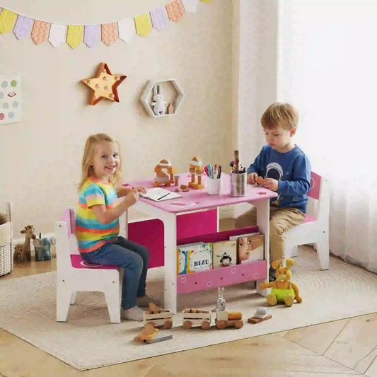 Kids Table Chair Set with Bookshelves, 3 Pieces, Pink Kids Table Sets Pink, Rose Pink, White at Gallery Canada