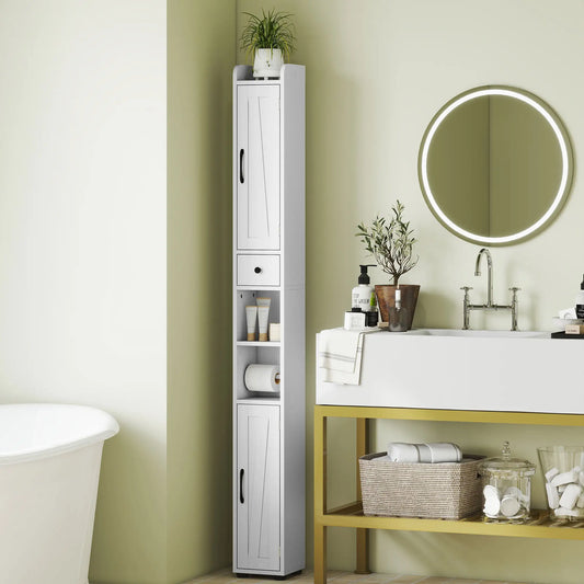 Narrow Bathroom Cabinet, Tall Storage with Barn Doors, Drawer, Adjustable Shelves, Wood Grain, White Bathroom Cabinets White Wood Grain at Gallery Canada