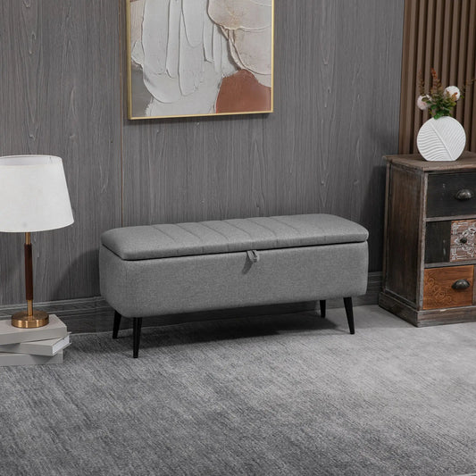 40" Ottoman with Storage, Linen Upholstered Bench, Steel Legs, Grey Storage Ottomans & Benches Grey at Gallery Canada