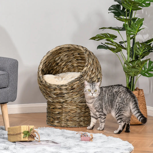 Wicker Cat Bed With Cushion, Stand, Indoor, Dark Brown Cat Houses Dark Brown (base) & Beige (cushion) at Gallery Canada