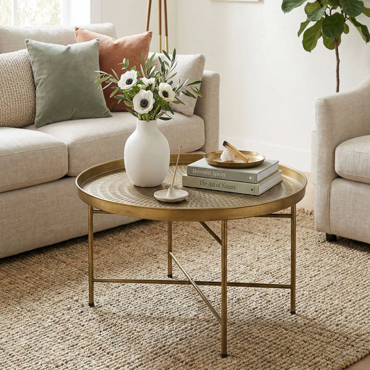 Vintage Coffee Table for Living Room, 24" Round Center Table with Hammered Tray Top and Metal Frame, Gold Coffee Tables Gold at Gallery Canada