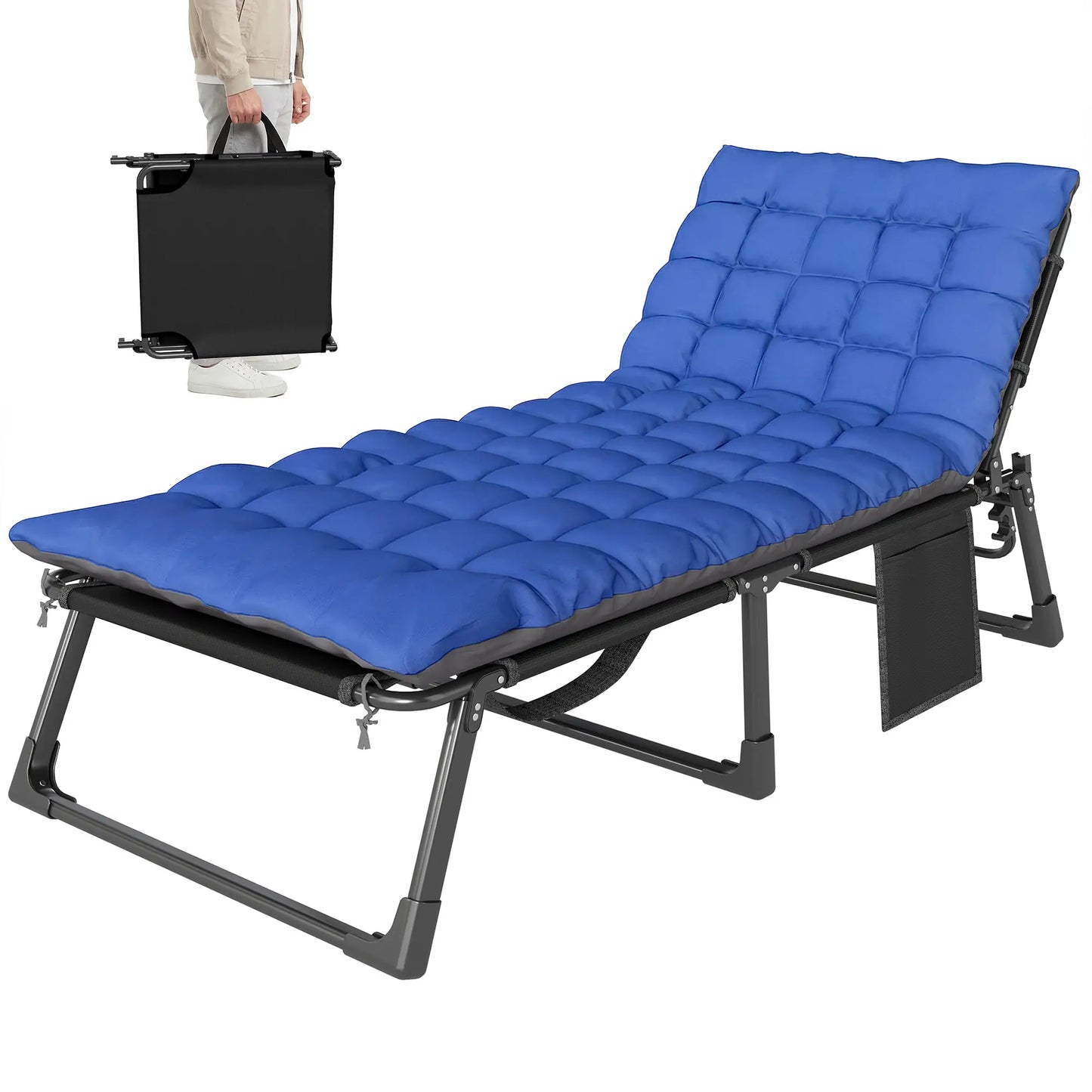 75 cm Wide Folding Chaise Lounge Chair, Outdoor Tanning Chair, Camping Cot, Grey/Blue Lounger Chairs at Gallery Canada