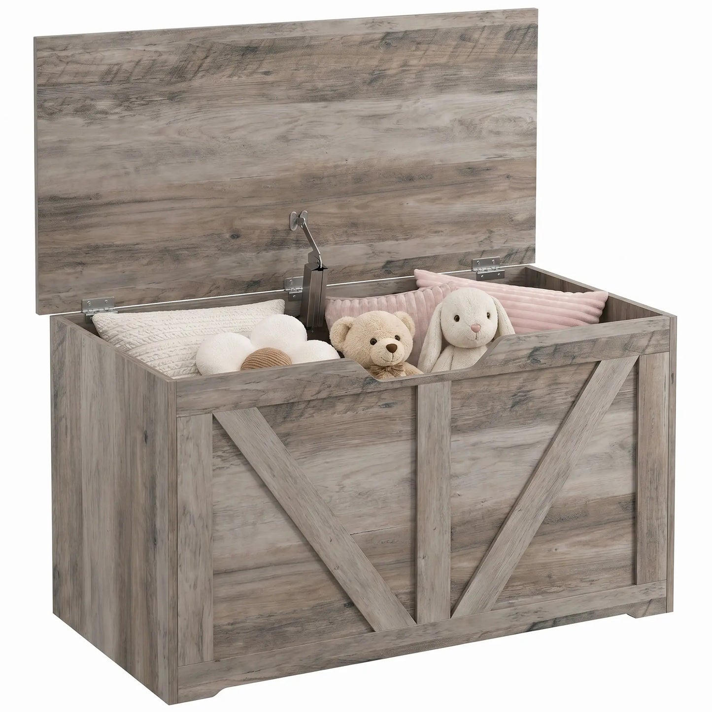 31.5" Storage Chest with Safety Hinge, Grey Wood Grain, Grey