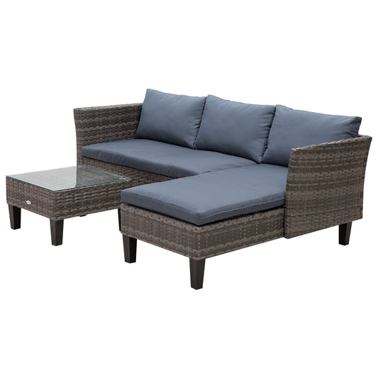 3 Piece Wicker Patio Furniture Set Outdoor Sofa Set with Glass Tabletop, Cushions Metal Frame for Balcony, Patio, Grey - Gallery Canada