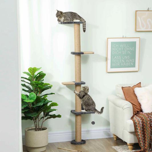 Cat Wall Shelves, 4 Platforms, Jute Scratching Post, Dark Grey