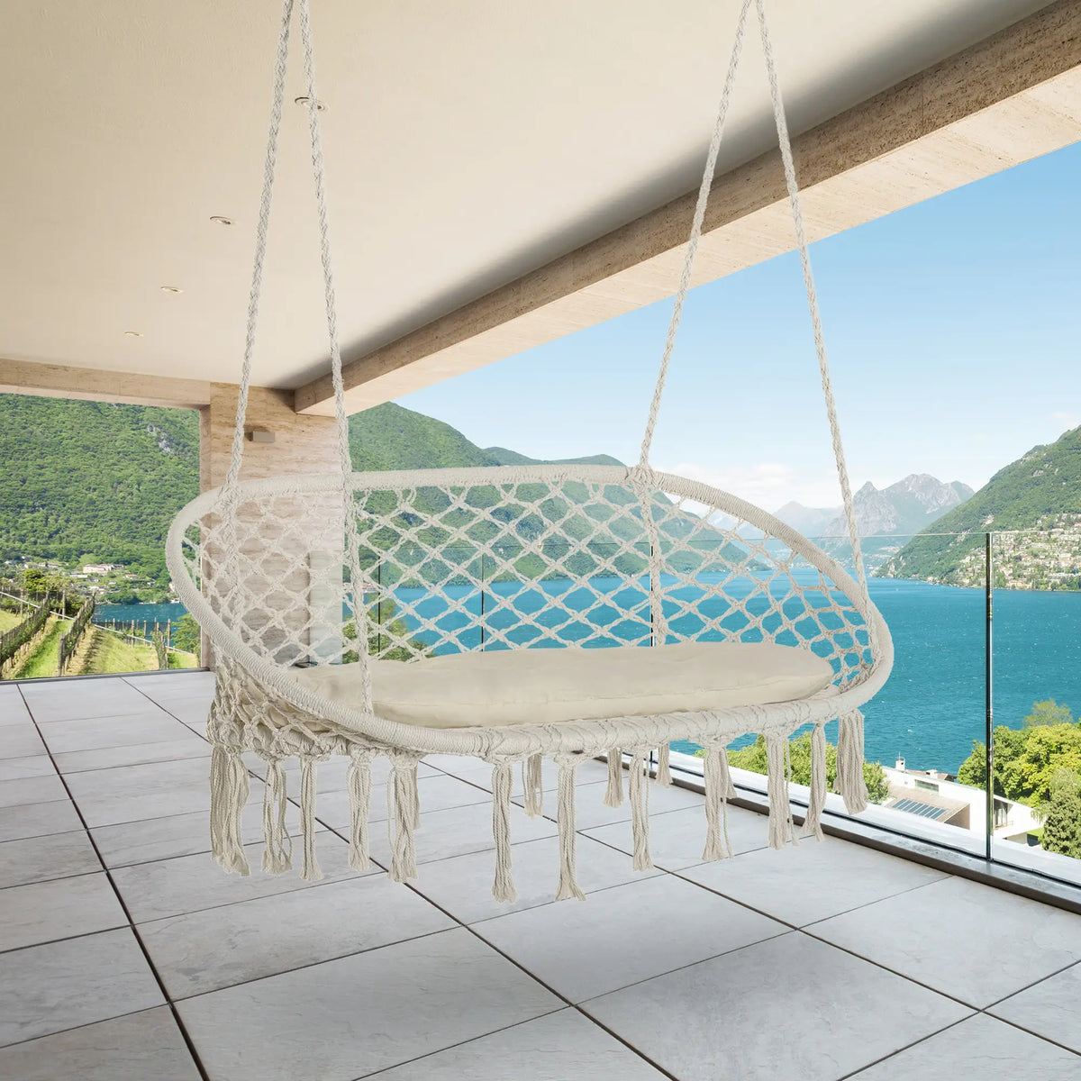 Hammock Chair, 2 Seat, Hanging Rope Swing with Cushion, Large, Cream White Patio Swings with Stand at Gallery Canada