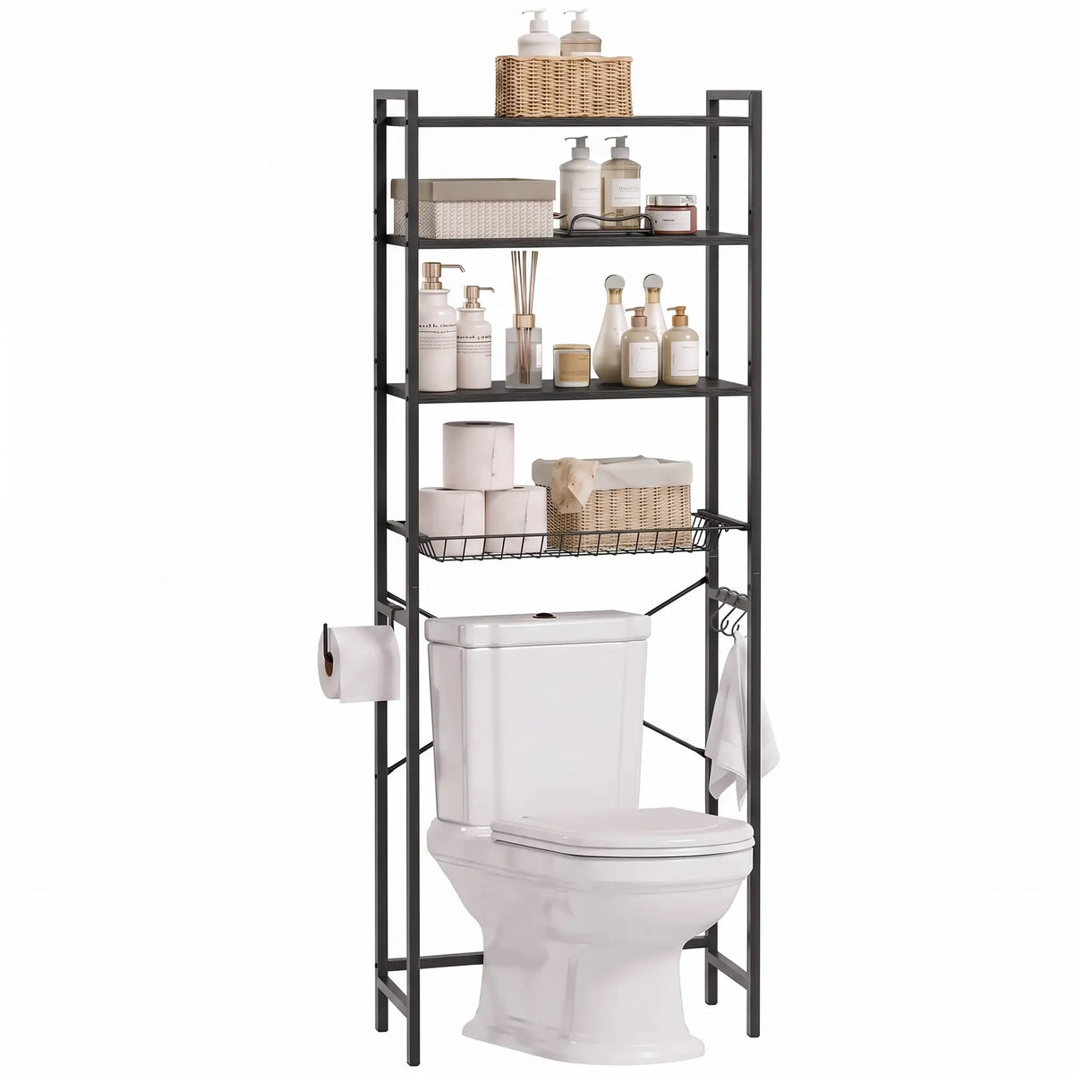 Étagère de rangement à 3 niveaux au-dessus des toilettes, réglable, noire