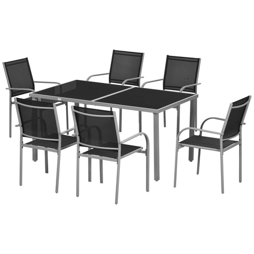 7 Piece Outdoor Patio Dining Set with Table and 6 Stackable Chairs, Steel Frame, Tempered Glass Top, Mesh Seats, Black