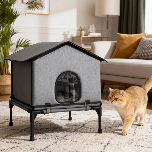 Outdoor Cat House, Waterproof Insulated Cat Kennel with Elevated Base, Foldable Feral Kitty Shelter for Kittens, Grey Cat Houses Grey at Gallery Canada