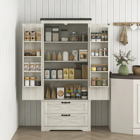 Farmhouse Kitchen Pantry, 64" Freestanding, Distressed, White Kitchen Pantry Cabinets Distressed White at Gallery Canada