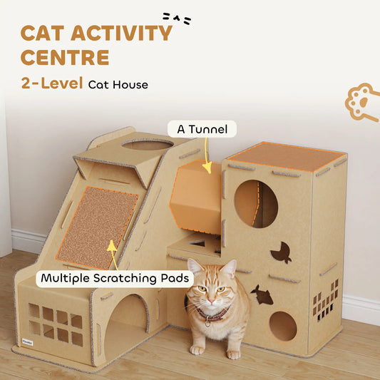 Multi-Level Cardboard Cat House, Corrugated Play Condo with Scratching Pads Cat Posts Brown at Gallery Canada