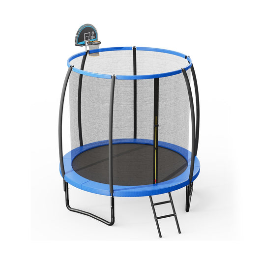 8 Feet Recreational Trampoline with Basketball Hoop and Net Ladder, Blue
