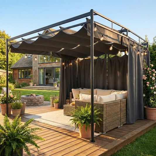 10' x 10' Retractable Pergola Canopy, Metal Garden Gazebo Sun Shade