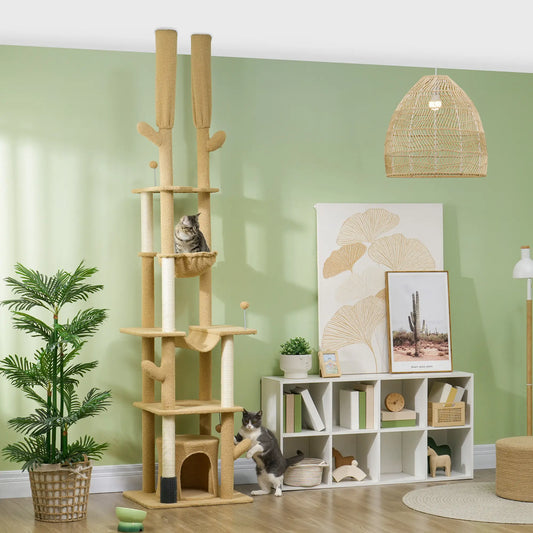 89"-100" Cat Tree Tower for Large Cats, Scratching Posts, Grooming Brush, Brown Floor to Ceiling Cat Trees Brown, Cream White at Gallery Canada