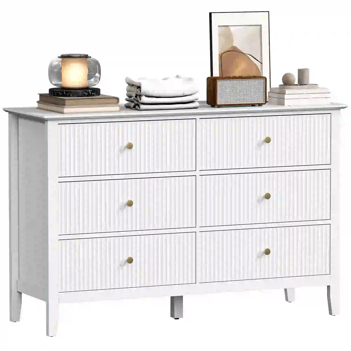Modern 6 Drawer Dresser, Double Chest, White