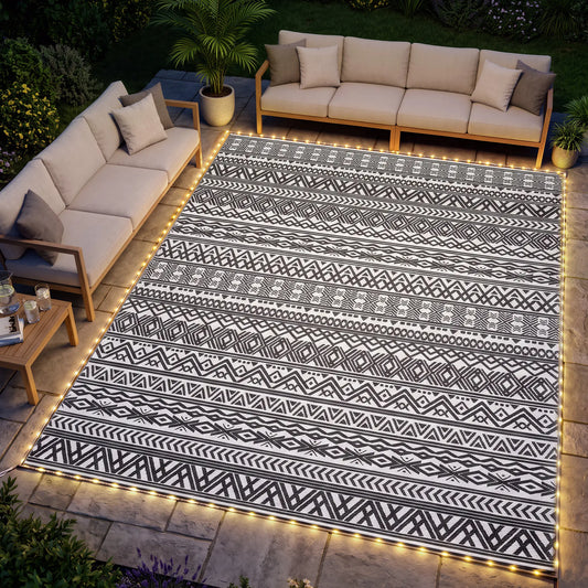 Reversible Outdoor Rug With USB Lights, 12' x 9', Carry Bag For Camping Outdoor Reversible Rugs Black, White at Gallery Canada