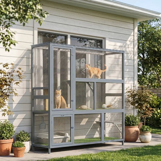 Wooden Catio, 77"H Cat House With Roof, Platforms, Scratching Post Outdoor Cat Enclosures Light Grey, Transparent, Green at Gallery Canada