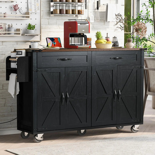 Kitchen Island with Spice Rack, Storage Drawers, Power Outlet, 53.5" L x 29" W x 36.5" H, Black Kitchen Islands & Kitchen Carts Black at Gallery Canada