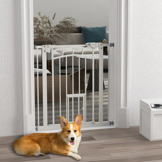 Auto-Close Pet Gate, Cat Door, Double Locking, Fits 29"-31.5" Wide, White Houses, Kennels & Pens White at Gallery Canada