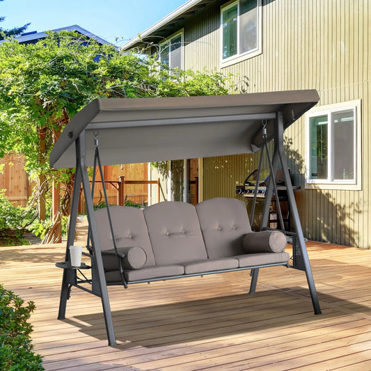 3 Seater Porch Swing, Heavy Duty Outdoor Lounge Chair with Tilt Canopy, Brown