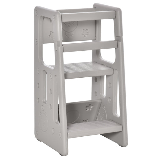 Toddler Kitchen Helper 2 Step Stool with Adjustable Height Platform and Safety Rail, Grey - Gallery Canada