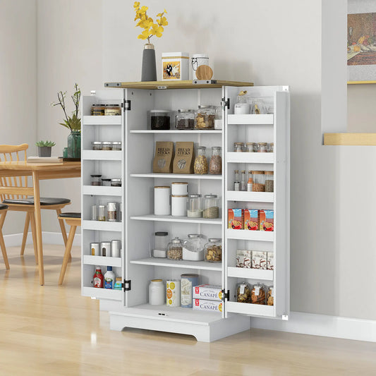 Farmhouse Kitchen Pantry Cabinet, Adjustable Shelves, Cream White Kitchen Pantry Cabinets Cream White Wood Grain, Retro Brown at Gallery Canada