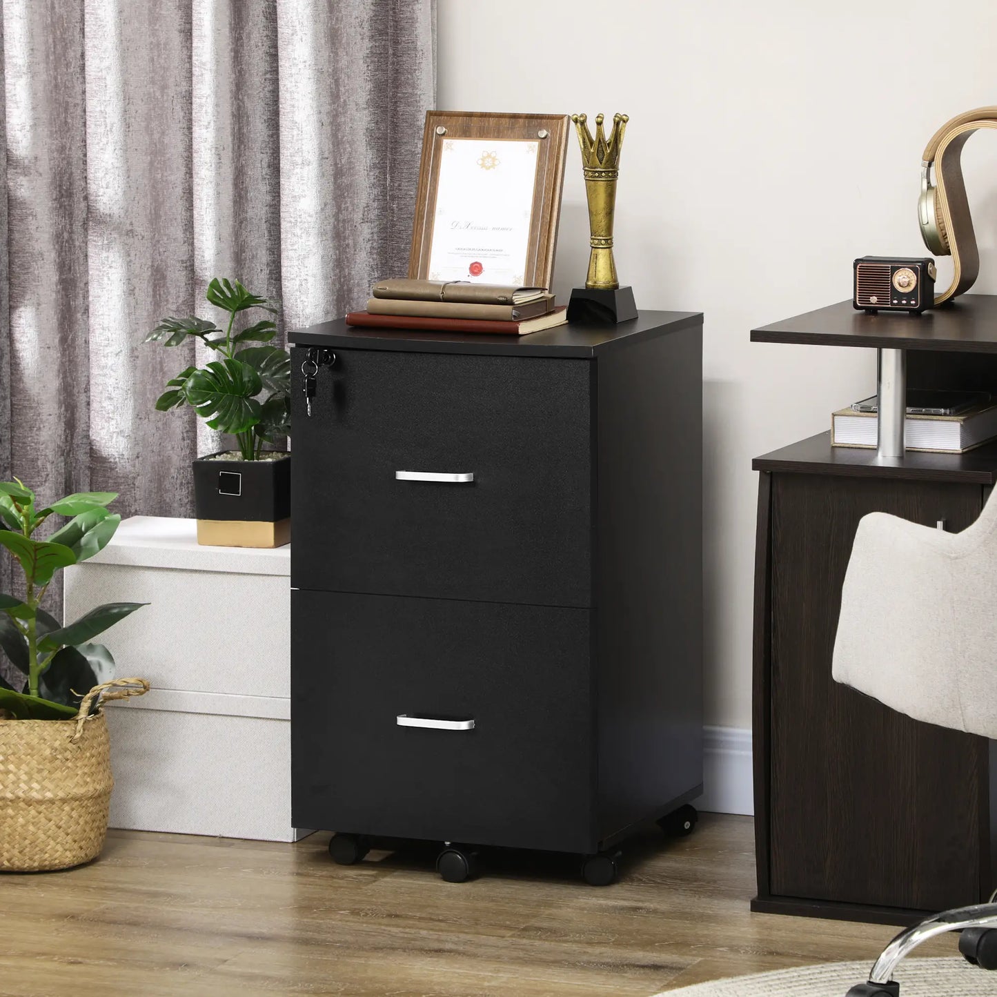 2 Drawer Mobile File Cabinet, Wood Office Filing Cabinet with Lock, Letter and A4 Size, Black Office Cabinets & Cupboards at Gallery Canada