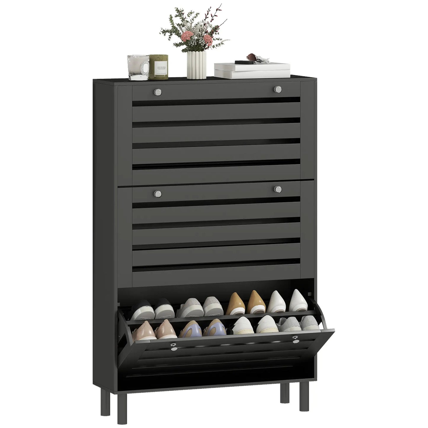 Narrow Shoe Storage Cabinet, 3 Flip Drawers, Adjustable Shelves, 24 Pairs, Black Shoe Storage Cabinets & Racks at Gallery Canada