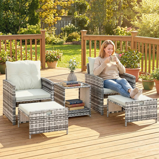 5 Piece Patio Furniture Set, Wicker Chairs With Ottomans, 2-Tier Glass Coffee Table, Grey/Cream White Patio Furniture Sets Mixed Grey, Cream White, Black at Gallery Canada