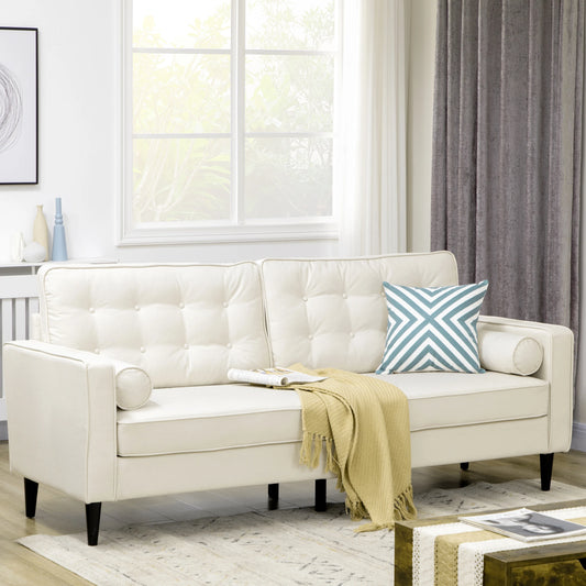 Mid-Century Sofa, Button-Tufted Back, Velvet Fabric, Cream White 3-Seater Sofas Cream at Gallery Canada